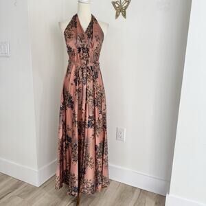 Akaa Rose Pink Floral Satin Formal Halter Open Back Belted Maxi Dress Size Small